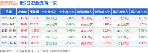广升网 股票行情快报：澄天伟业（300689）6月12日主力资金净卖出594.09万元